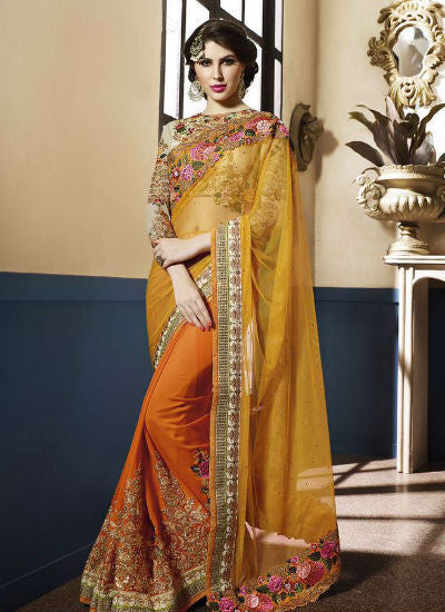 Yellow and orange saree - New India Fashion