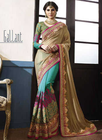 Cream and sky saree - New India Fashion