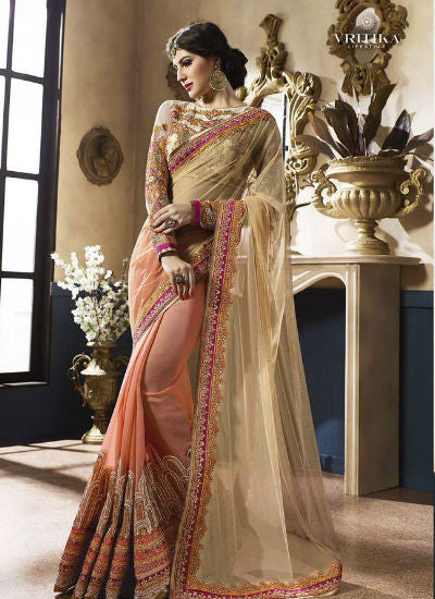 Cream and peach saree - New India Fashion