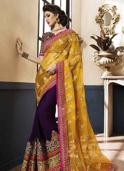 Yellow and purple saree - New India Fashion