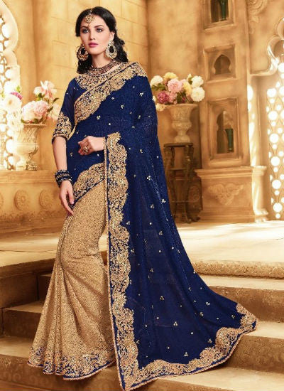 Blue and beige saree - New India Fashion